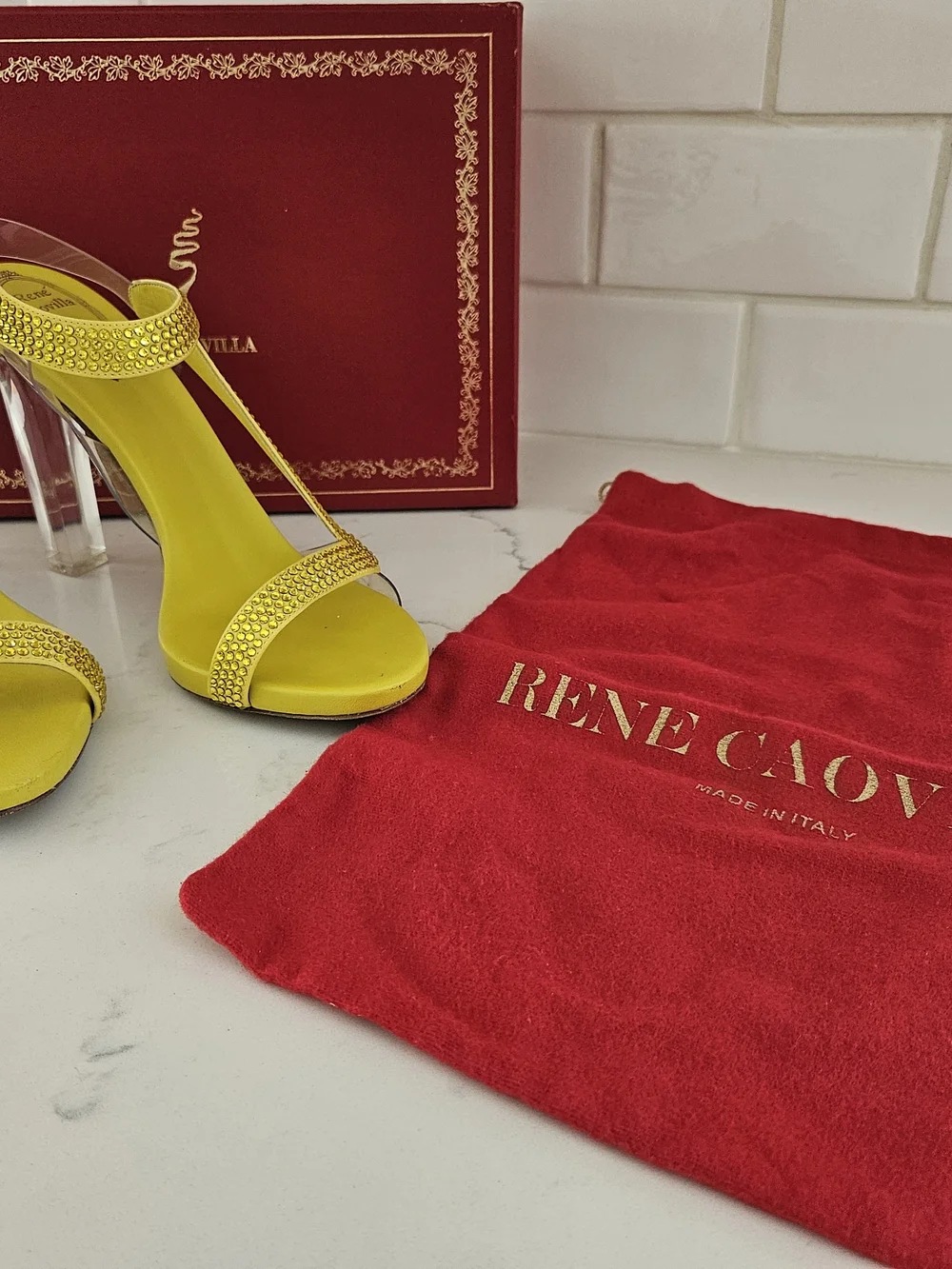 René Caovilla Vintage Yellow Strass Clear Block Heel Sandals, Size 38 (With Box